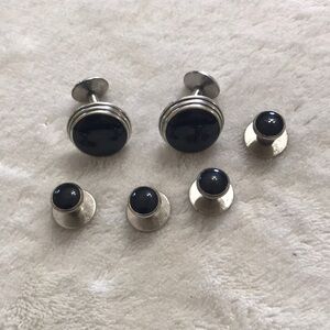 Elegant Silver and Black 6pc Cufflink and Buttons Set